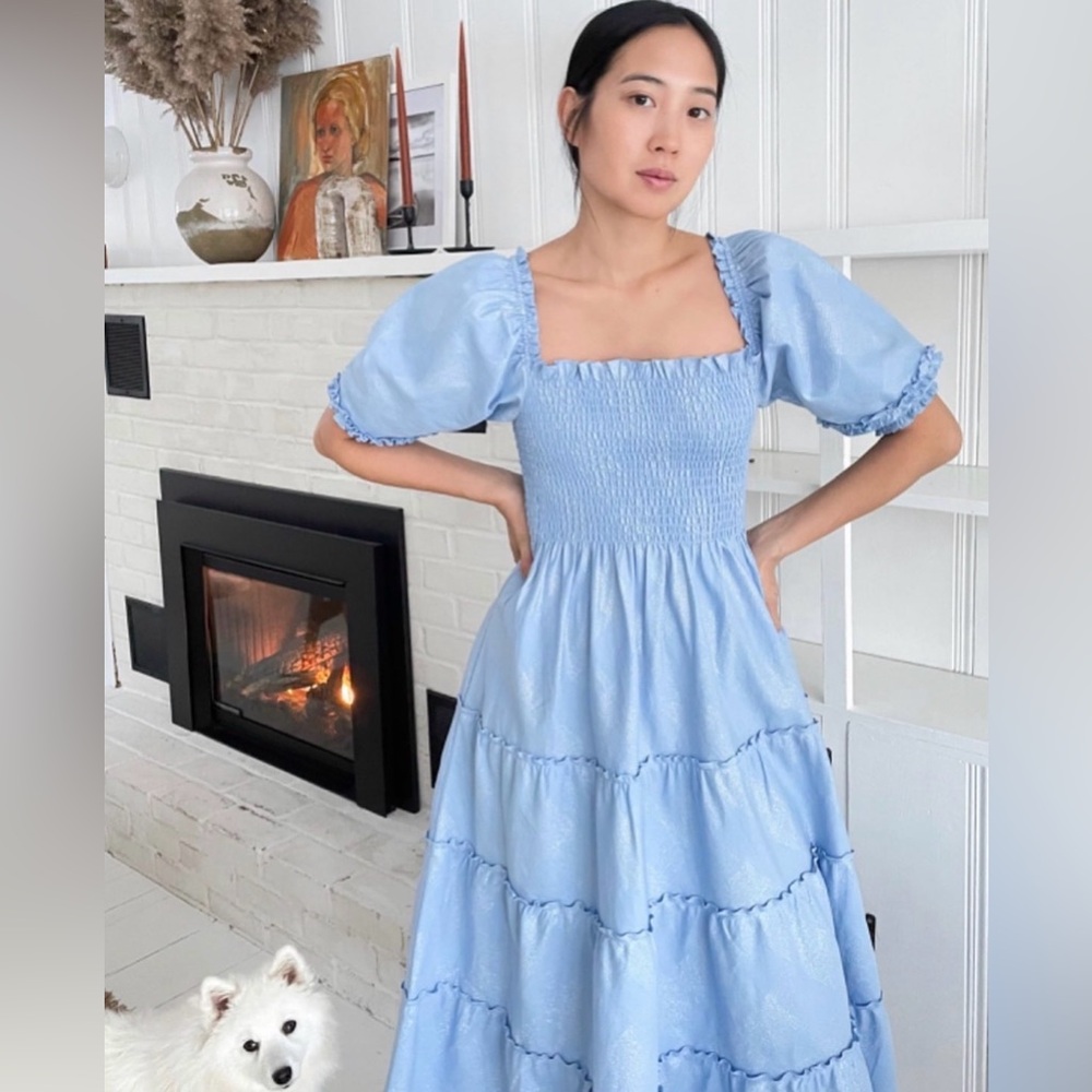 Hill House Home Nesli Nap Dress in Light Blue Glitter Check Metallic Size Small
